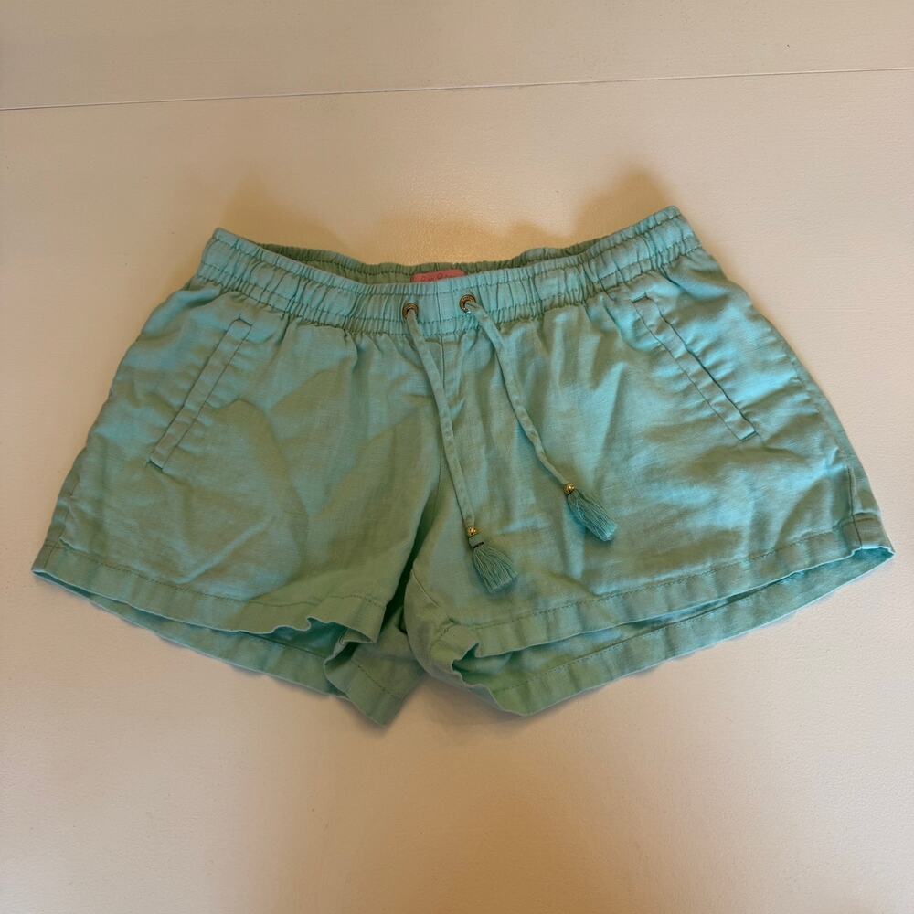 Lilly Pulitzer Turquoise Blue 100% Linen Pull-On Shorts Size Medium 4" Resort